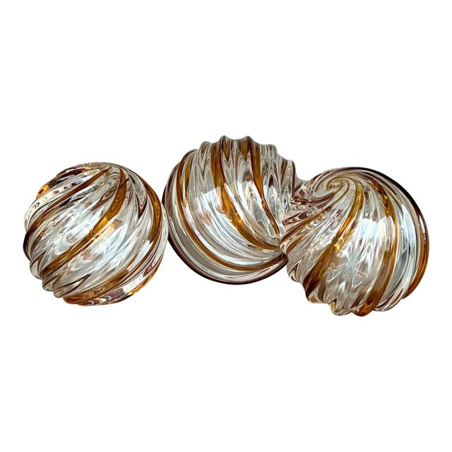Vintage Regency Caramel Swirl Blown Glass Spheres - Set of 2 For Sale