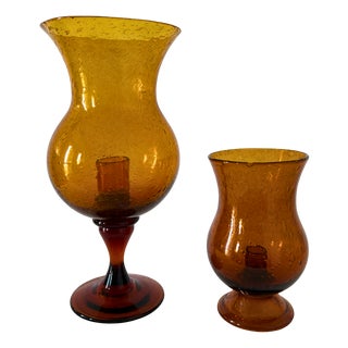 Mid-Century Amber Bubble Glass Photophores or Candleholders from Biot, France, 1960s, Set of 2 For Sale