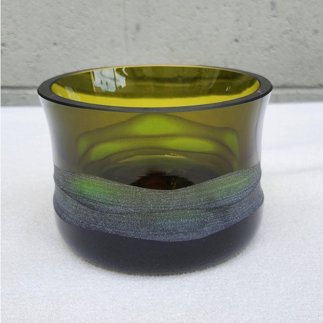 Pristine heavy glass bowl by Villeroy & Boch. Deep olive green with a wavy deeply etched around the out side. Bottom...