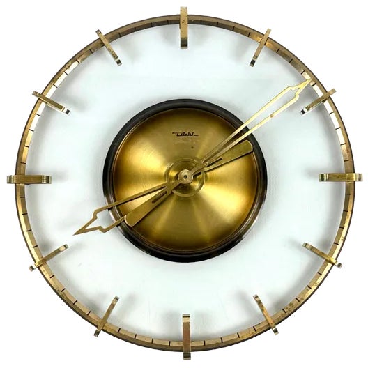 Vintage Glass & Brass Wall Clock from Diehl, 1950s For Sale