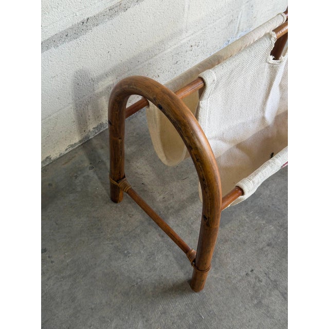 Rattan Magazine Rack With Floral Embroidered Canvas Mid-Century Modern 1970s For Sale In Los Angeles - Image 6 of 9