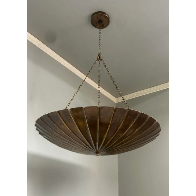 Mid-Century Modern Large Brass Chandelier Pendant Light – Scalloped Bowl Hanging Fixture – Vintage Inspired Chain Light For Sale - Image 3 of 6