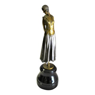 1990s Art Deco Sculpture Lady the Book Lady Bronze and Marble For Sale