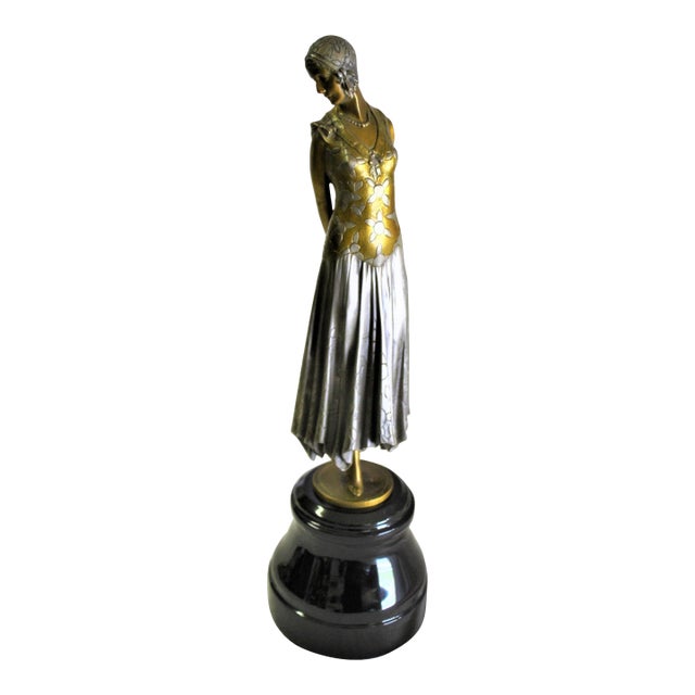 1990s Art Deco Sculpture Lady the Book Lady Bronze and Marble For Sale