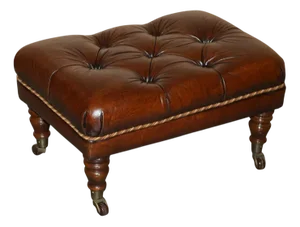 Brown Leather Chesterfield Tufted Porcelain Castors Footstools, 1940
