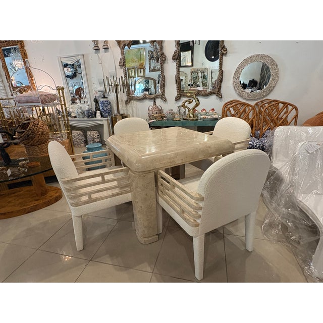Maitland Smith 4 Tessellated Stone Marble Arm Dining Chairs New Boucle Fabric For Sale - Image 11 of 12