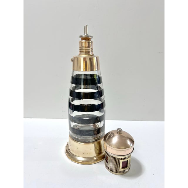 Metal Vintage Nautical Lighthouse Cocktail Shaker Decanter Barware, Brass & Glass Maritime Accent For Sale - Image 7 of 9