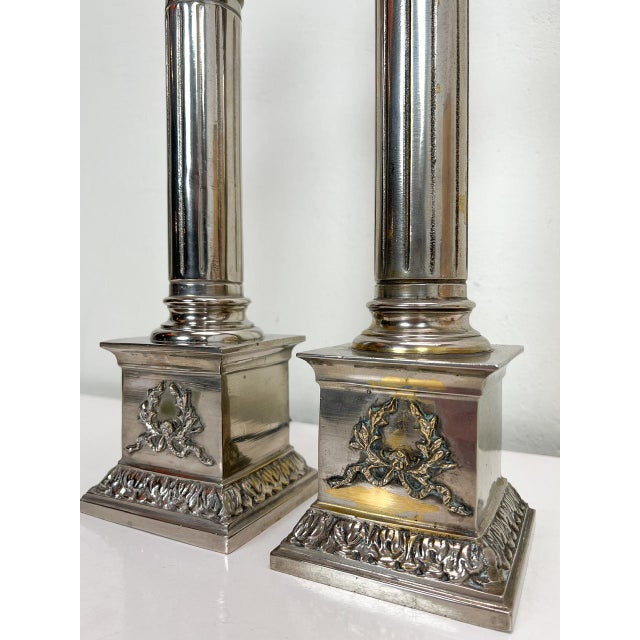 Silver Nickel-Plated Brass Column Table Lamps in the style of Greek, 1970s, Set of 2 For Sale - Image 8 of 11