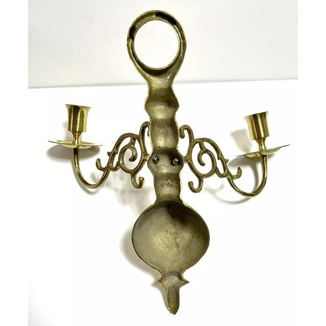Metal Vintage Brass Double-Arm Wall Candle Sconces – Pair For Sale - Image 7 of 9