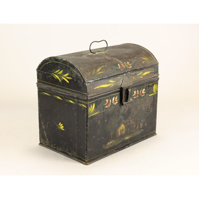 Victorian 1850's Tin Toleware Chest Box W Latch, Hand Painted, Pennsylvania Folk Art For Sale - Image 3 of 15
