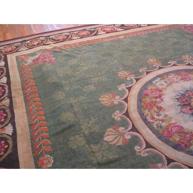 Early 19th Century 1820s Green Floral Medallion Antique French Charles X Period Aubusson Rug 15'8"x16'3" Flat Weave Wool Carpet For Sale - Image 5 of 9