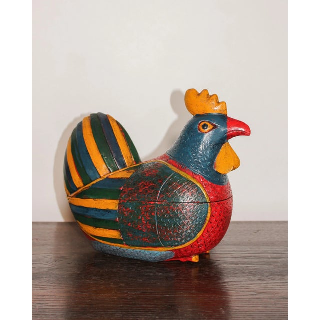 Asian Antique Early 20th Century Northern Thailand Painted Wood Rooster With Interior Cavity For Sale - Image 3 of 16