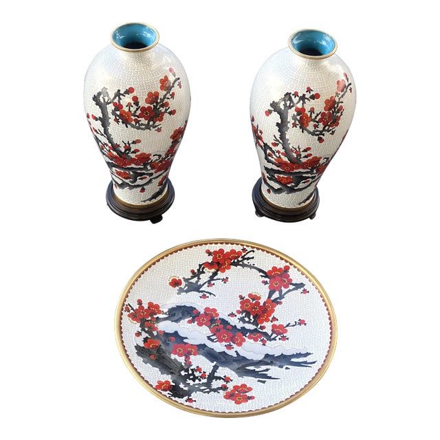 Antique 19th Century Chinese Cloisonné Vases Depicting Floral With Matching Plater Set- 3 Pieces For Sale