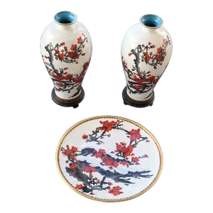 Antique 19th Century Chinese Cloisonné Vases Depicting Floral With Matching Plater Set- 3 Pieces
