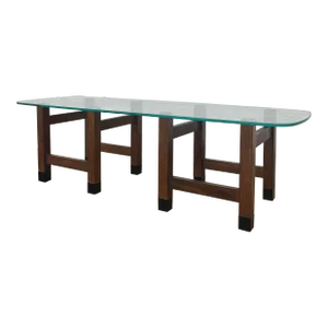 Walnut Double Square Pedestal Base Coffee Table With Glass Top