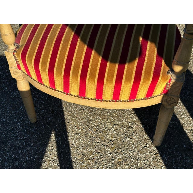 Louis XVI Cabriolet Armchair in Patinated Wood and Striped Velvet For Sale - Image 9 of 15