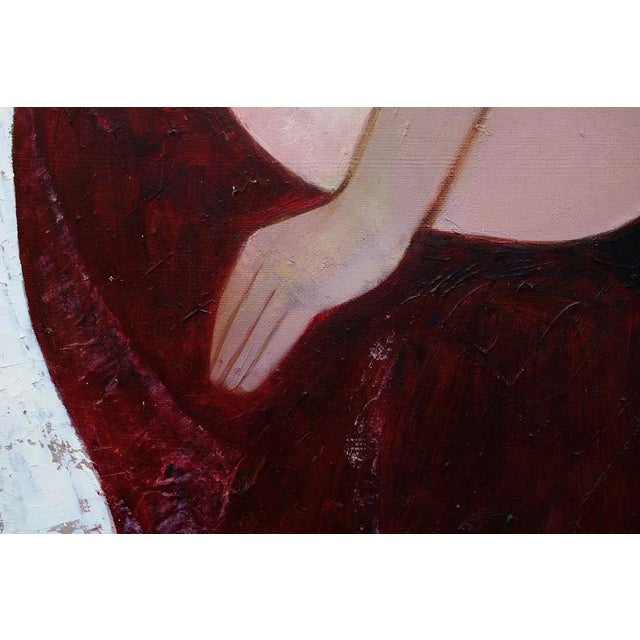 Seated 1974. Oil on canvas, 100x60 cm the central focus of the artwork is a nude woman seated in a relaxed position. The...