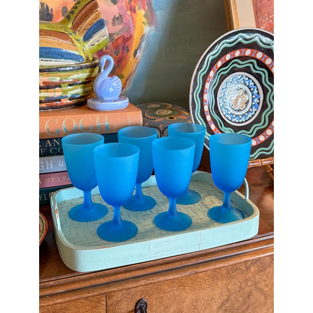 1960s Carlo Moretti Italy Satinato Frosted Blue Glasses - Set of 6 For Sale - Image 9 of 10