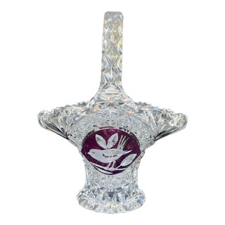 1980s Hofbauer Byrdes Crystal Basket With Ruby Cut-to-Clear Bird Motif – 10.5” For Sale