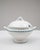 This 20th Century Belgian special edition porcelain tureen presents a graceful, footed silhouette enhanced by a crisp...