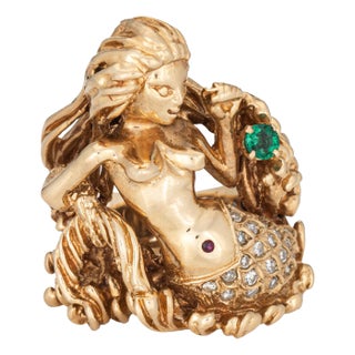 Vintage Mermaid Ring 14k Yellow Gold Size 9 Diamond Emerald Fine Mythical Jewelry For Sale
