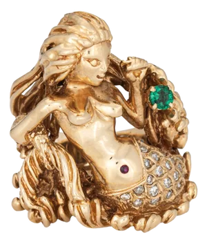 Vintage Mermaid Ring 14k Yellow Gold Size 9 Diamond Emerald Fine Mythical Jewelry