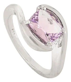Modern-Inspired 925 Silver Cushion Cut Faceted Amethyst Bypass Ring - Size 7