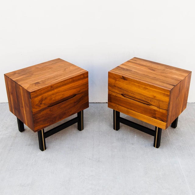 1960s Solid Walnut Two Drawer Nightstands With Sculpted Pulls - Set of 2 For Sale - Image 12 of 12