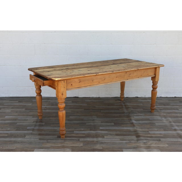 Vintage 1980s English Farmhouse Solid Pine Dining Table With Drawer & Turned Legs For Sale - Image 13 of 18