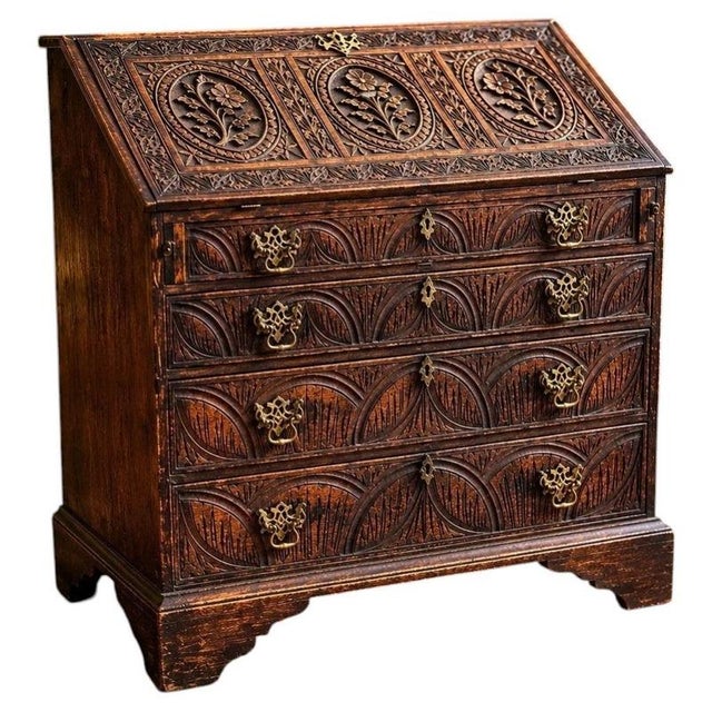 18th Century Carved Oak Fall-Front Bureau with Fitted Interior, 1760 For Sale - Image 10 of 10
