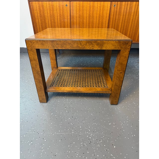 John Widdicomb 1970’s John Widdicomb Burlwood Side Table With Cane Shelf For Sale - Image 4 of 10