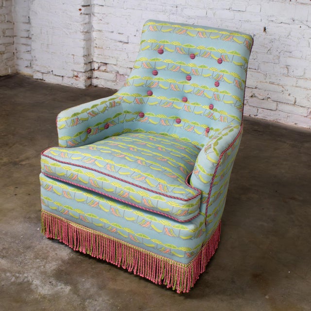 Fabulous vintage Traditional Art Deco club or lounge chair upholstered with pink & blue “beachy” fabric, pink & green...