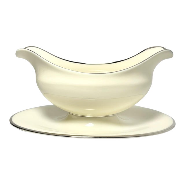 1980s Lenox “Montclair” Bone China Gravy or Sauce Boat W/Attached Under-Plate For Sale
