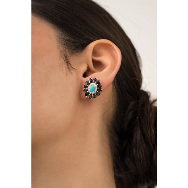 Contemporary 6.46ct Turquoise Sapphire Diamond Halo Floral Cluster Stud Earrings in 14k Gold-a Pair For Sale - Image 3 of 14