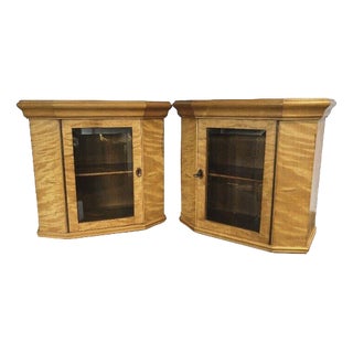 Satinwood Collectors Table / Wall Display Cabinets, Set of 2 For Sale