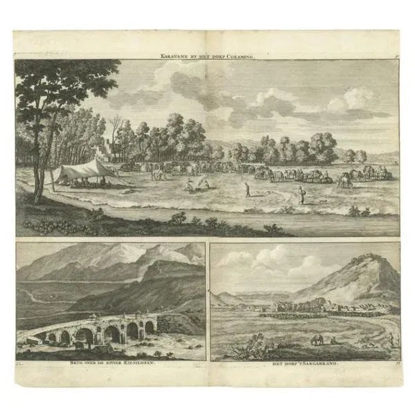 Antique print titled 'Karavane by het dorp Coraming - Brug over de rivier Kiesilosan - Het Dorp 't Sargabrand'. Old print...