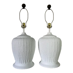 Vintage Coastal Woven Basket Pattern Plaster Table Lamps - a Pair