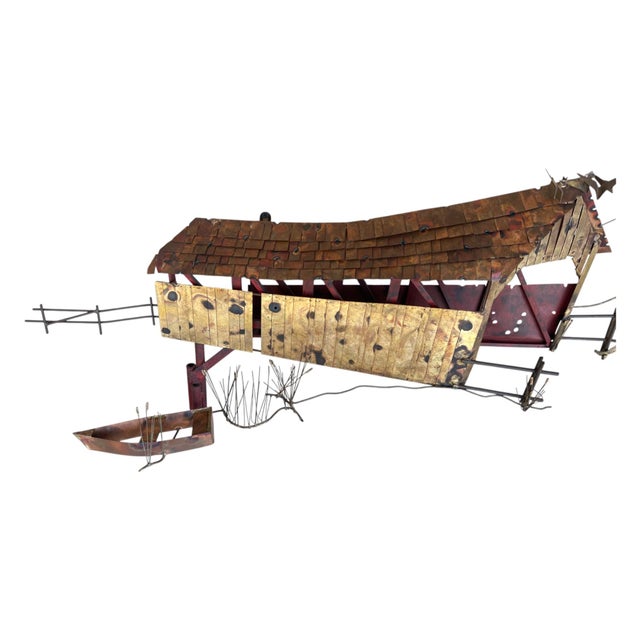 Brass 1970s Curtis Jere Signed Wall Sculpture – Covered Bridge With Row Boat & Scenic Detailing For Sale - Image 8 of 17