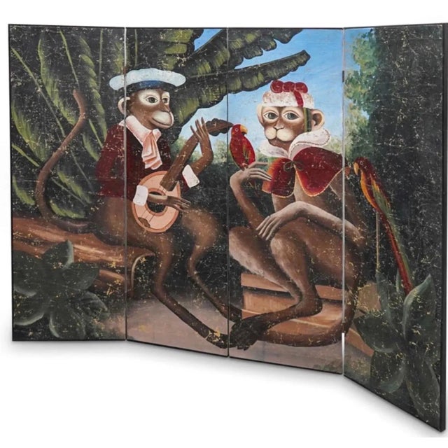 Wood Vintage Decorative 4 Panels Monkeys Screen or Room Divider For Sale - Image 7 of 8