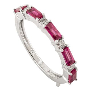 14k White Gold Minimal Baguette Ruby & Diamond Stackable Half Eternity Ring in Size 6 For Sale