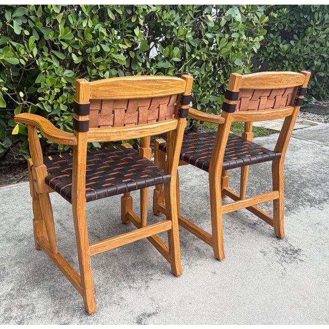 Mid 20th Century Vintage Mid-Century Ranch Oak Leather Strapped Arm Chairs - A Pair For Sale - Image 5 of 11