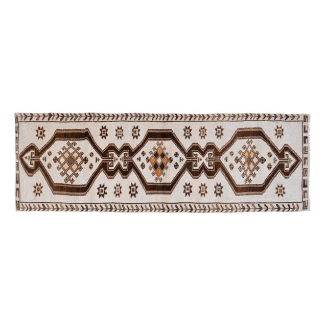 Vintage Turkish Geometric Hand-Knotted Runner 3'10" X 12'1" 46.1'' x 144.9'' / 117 x 368 cm Hand woven with high quality...