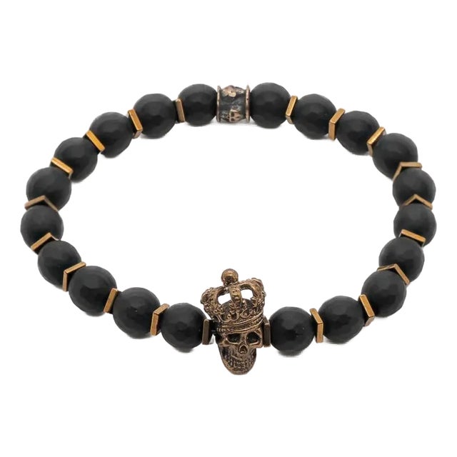 Onyx Stone King Skull Men's Beaded Bracelet For Sale
