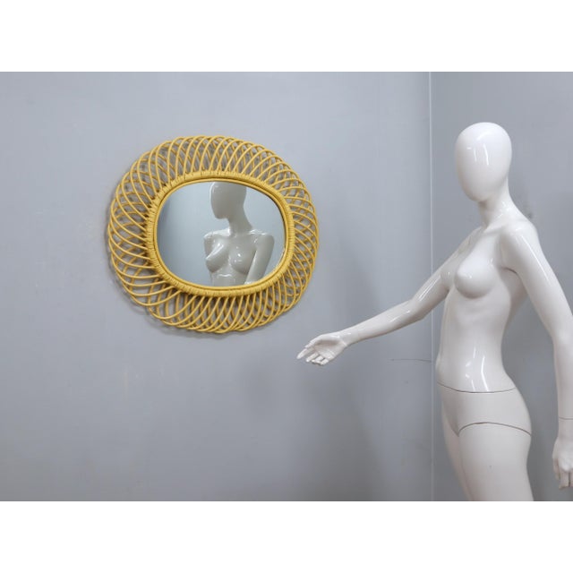 Yellow Albini Yellow Lacquer Wicker Mirror attributed to Franco Albini, 1960s For Sale - Image 8 of 11