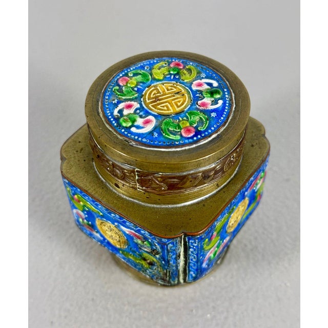 Chinese Vintage Chinese Brass & Enamel Cloisonné Longevity Box For Sale - Image 3 of 5