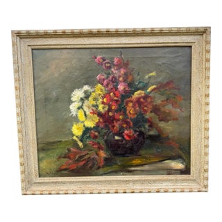 Vintage Impressionistic Potted Floral Still Life Signed Oil Painting on Canvas For Sale