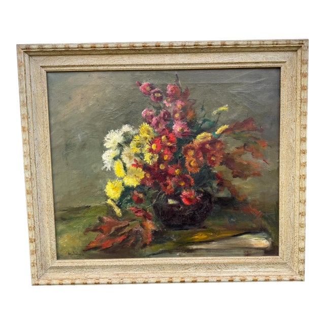 Vintage Impressionistic Potted Floral Still Life Signed Oil Painting on Canvas For Sale