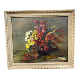 Vintage Impressionistic Potted Floral Still Life Signed Oil Painting on Canvas