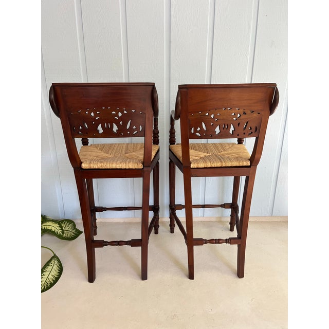 1990s Pair of Mahogany Counter Stools-Woven Rush Seat-Ornate Carving Back-High Quality Special Armchairs For Sale In West Palm - Image 6 of 11