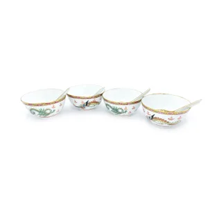 Vintage Mid-Century Zhongguo Porcelain Hand Painted Chinese Dragon and Phoenix Bowls and Spoons - 8 Piece Serving Set